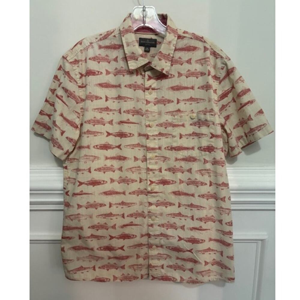 LL Bean Signature Mens Medium Button Down Shirt Fish Graphic Slim Fit Cotton